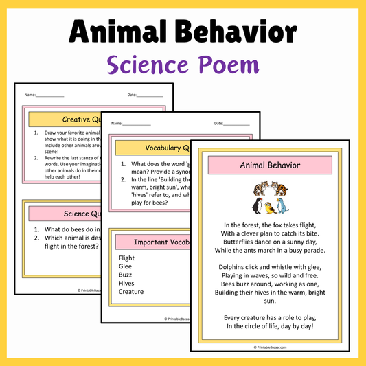 Animal Behavior | Science Poem Reading Comprehension Activity