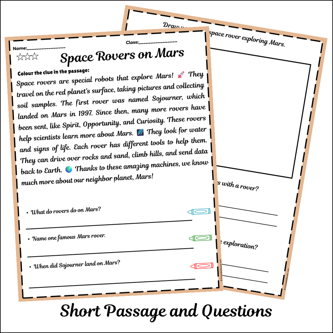 Space Rovers on Mars | Short Reading Comprehension Creative Worksheet