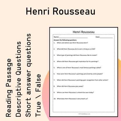 Henri Rousseau | Reading Comprehension Passage Printable Activity