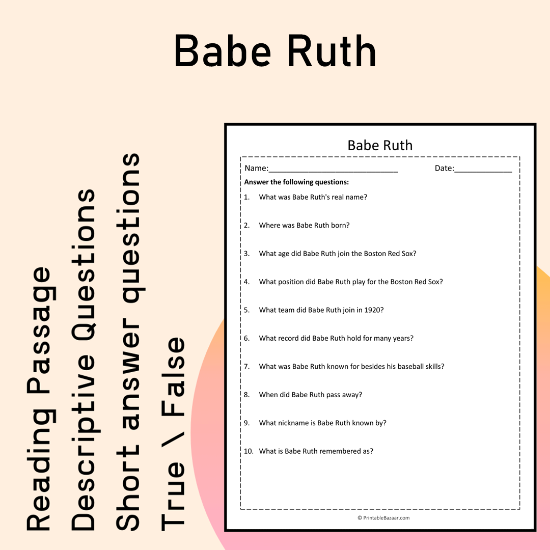 Babe Ruth | Reading Comprehension Passage Printable Activity