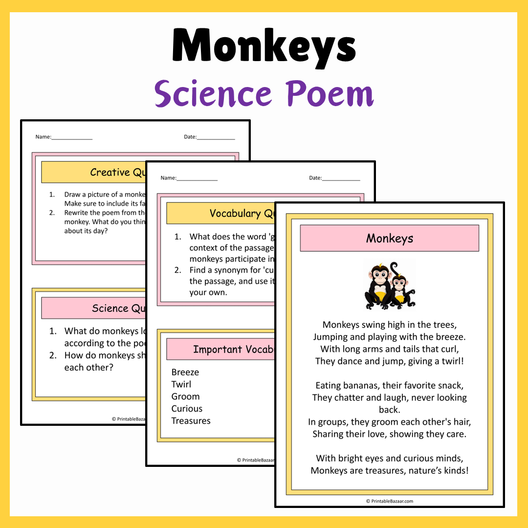 Monkeys | Science Poem Reading Comprehension Activity