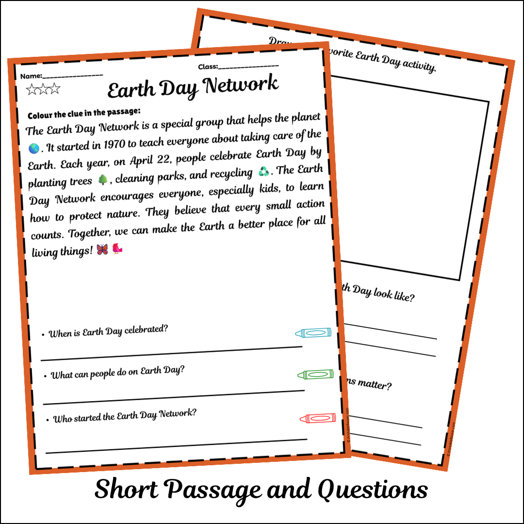 Earth Day Network | Short Reading Comprehension Creative Worksheet