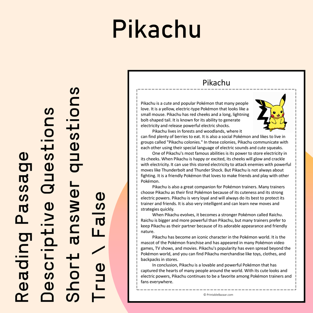 Pikachu | Reading Comprehension Passage Printable Activity