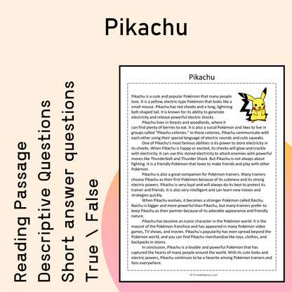 Pikachu | Reading Comprehension Passage Printable Activity