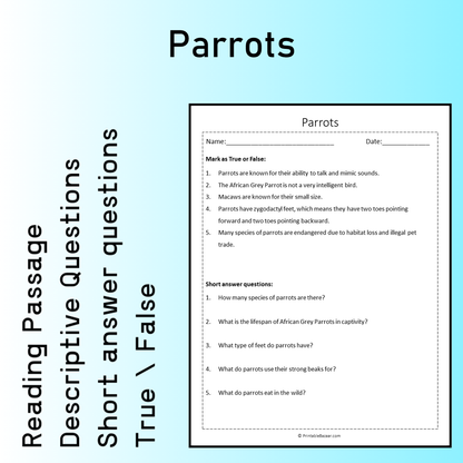 Parrots | Reading Comprehension Passage Printable Worksheet