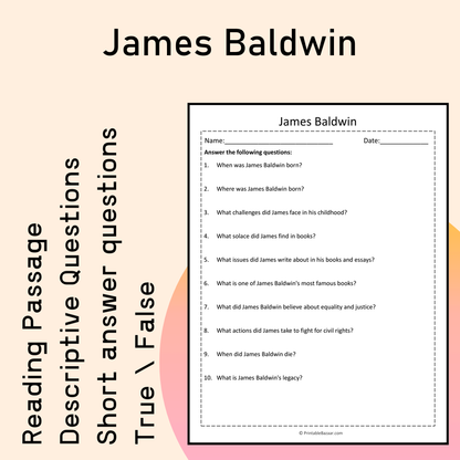 James Baldwin | Reading Comprehension Passage Printable Activity