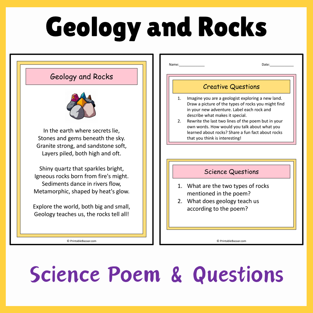 Geology and Rocks | Science Poem Reading Comprehension Activity