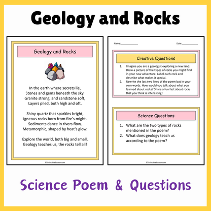 Geology and Rocks | Science Poem Reading Comprehension Activity