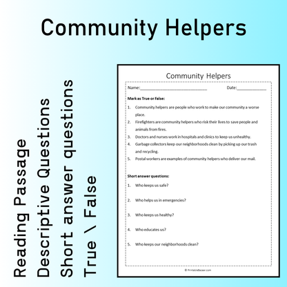Community Helpers | Reading Comprehension Passage Printable Worksheet