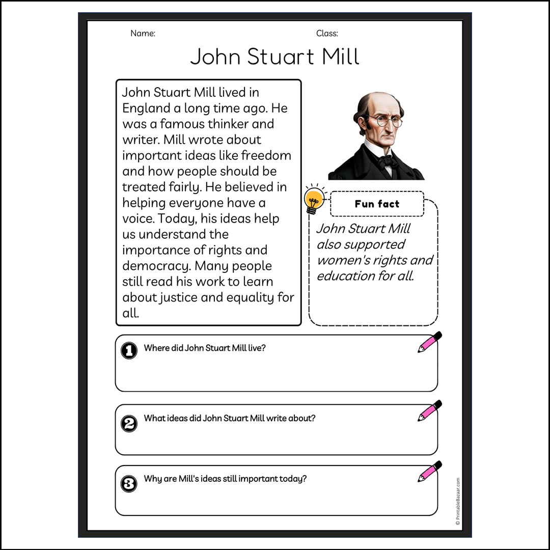 John Stuart Mill | Reading Passage Comprehension Questions Writing Facts Worksheet