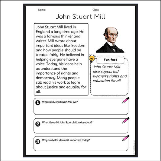 John Stuart Mill | Reading Passage Comprehension Questions Writing Facts Worksheet