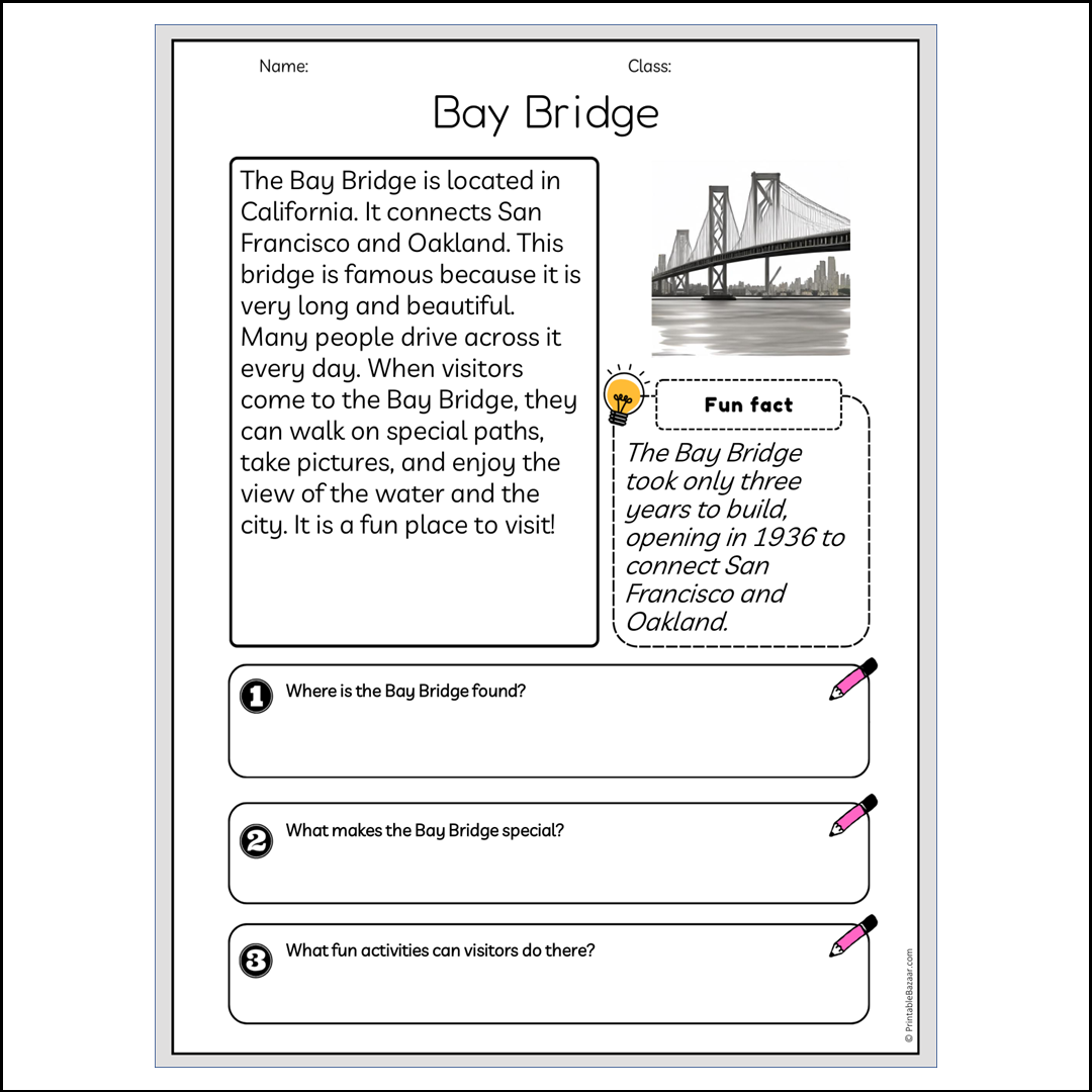 Bay Bridge | Reading Passage Comprehension Questions Writing Facts Worksheet