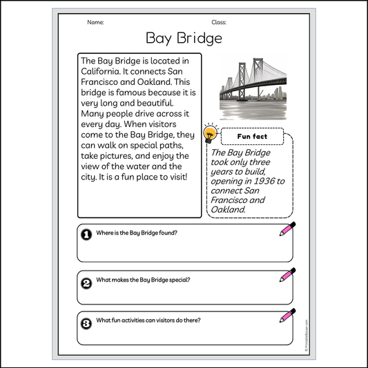 Bay Bridge | Reading Passage Comprehension Questions Writing Facts Worksheet