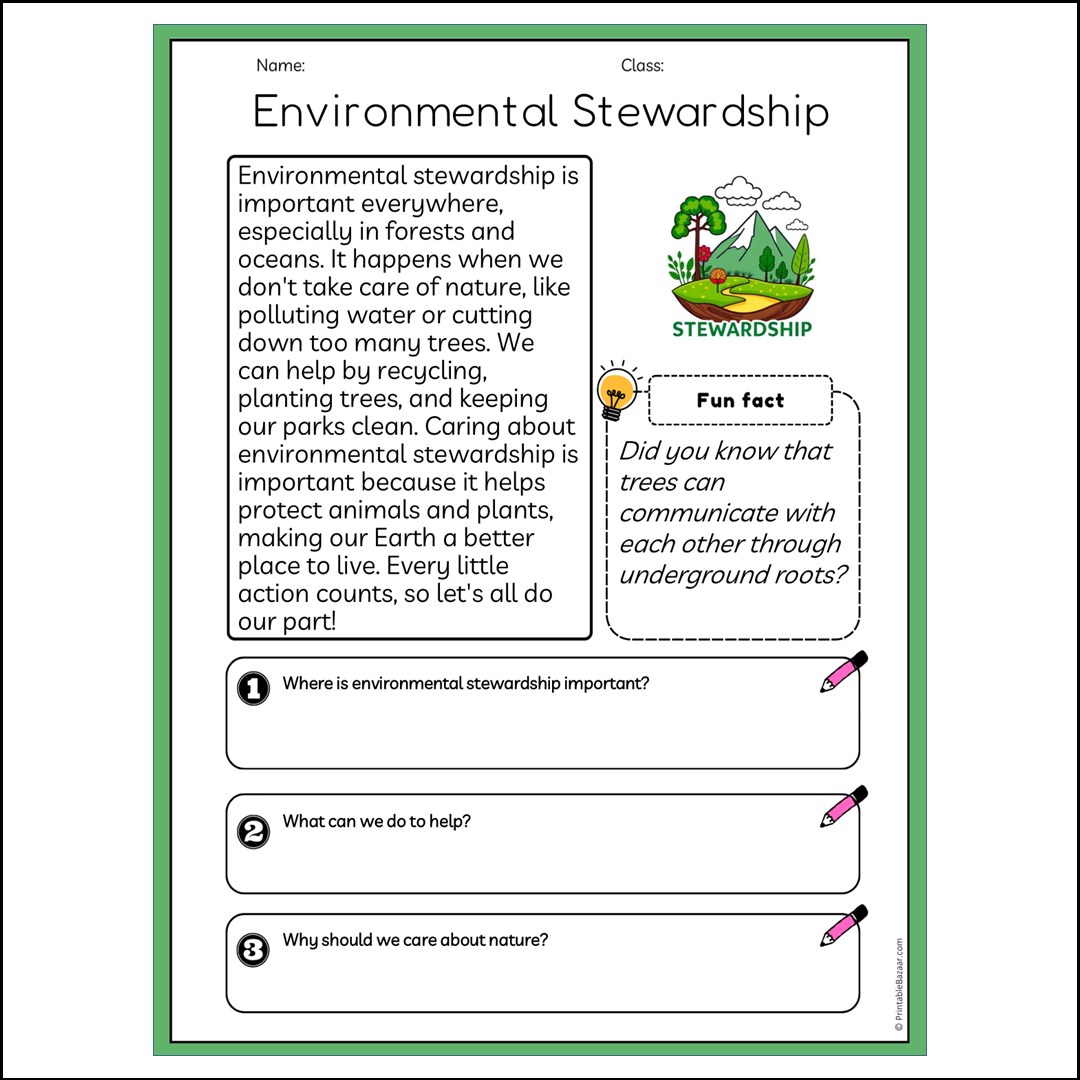 Environmental Stewardship | Reading Passage Comprehension Questions Writing Facts Worksheet