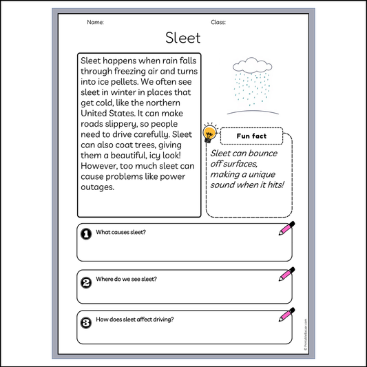 Sleet | Reading Passage Comprehension Questions Writing Facts Worksheet