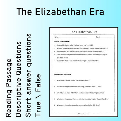 The Elizabethan Era | Reading Comprehension Passage Printable Worksheet