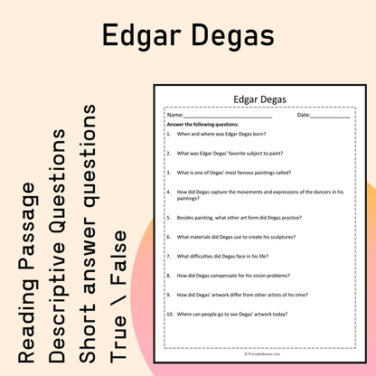 Edgar Degas | Reading Comprehension Passage Printable Activity