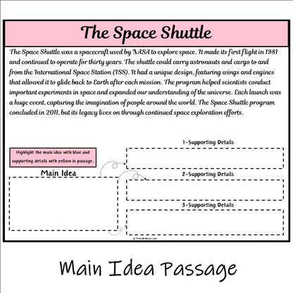 The Space Shuttle | Main Idea and Supporting Details Reading Passage and Questions