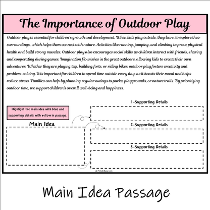 The Importance of Outdoor Play | Main Idea and Supporting Details Reading Passage and Questions