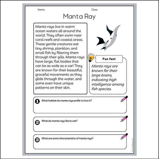 Manta Ray | Reading Passage Comprehension Questions Writing Facts Worksheet