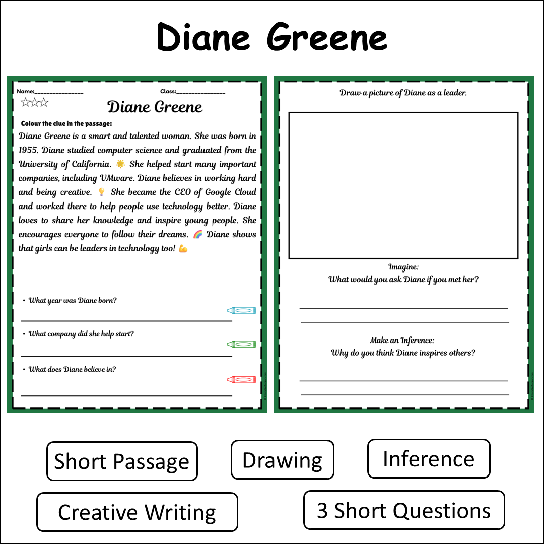 Diane Greene | Short Reading Comprehension Creative Worksheet