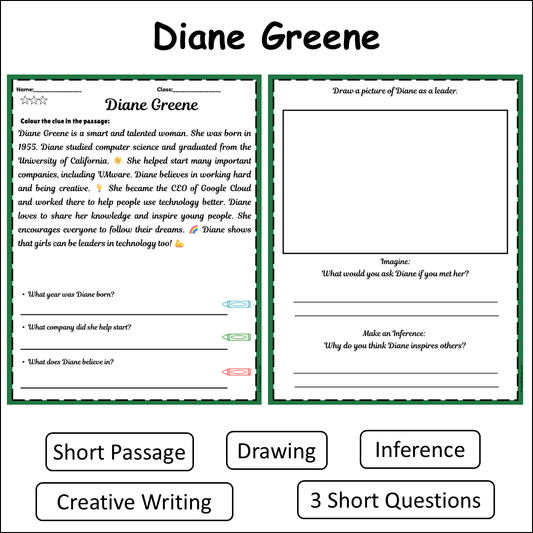 Diane Greene | Short Reading Comprehension Creative Worksheet