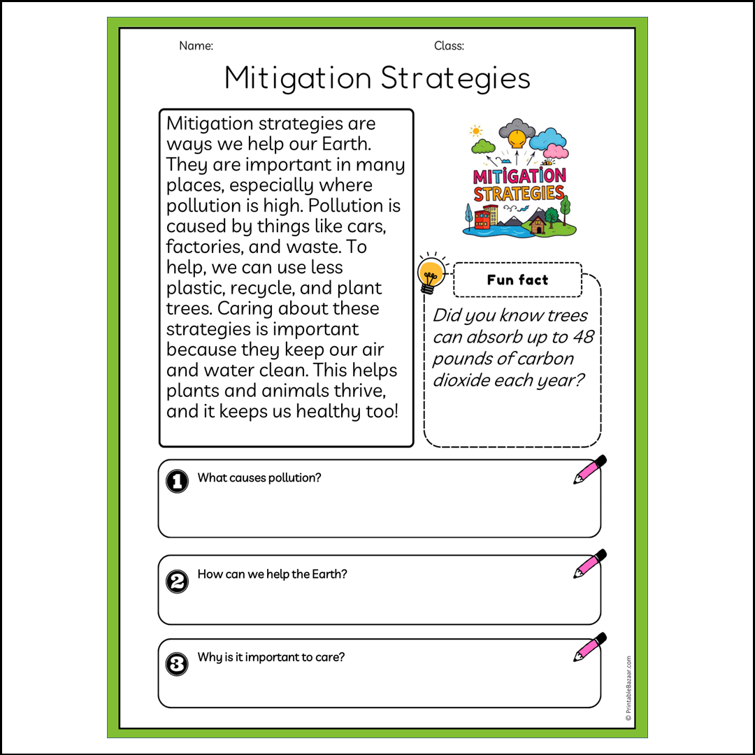 Mitigation Strategies | Reading Passage Comprehension Questions Writing Facts Worksheet