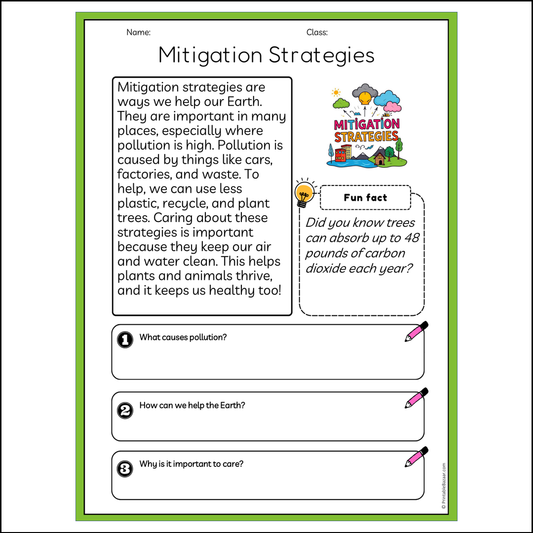 Mitigation Strategies | Reading Passage Comprehension Questions Writing Facts Worksheet