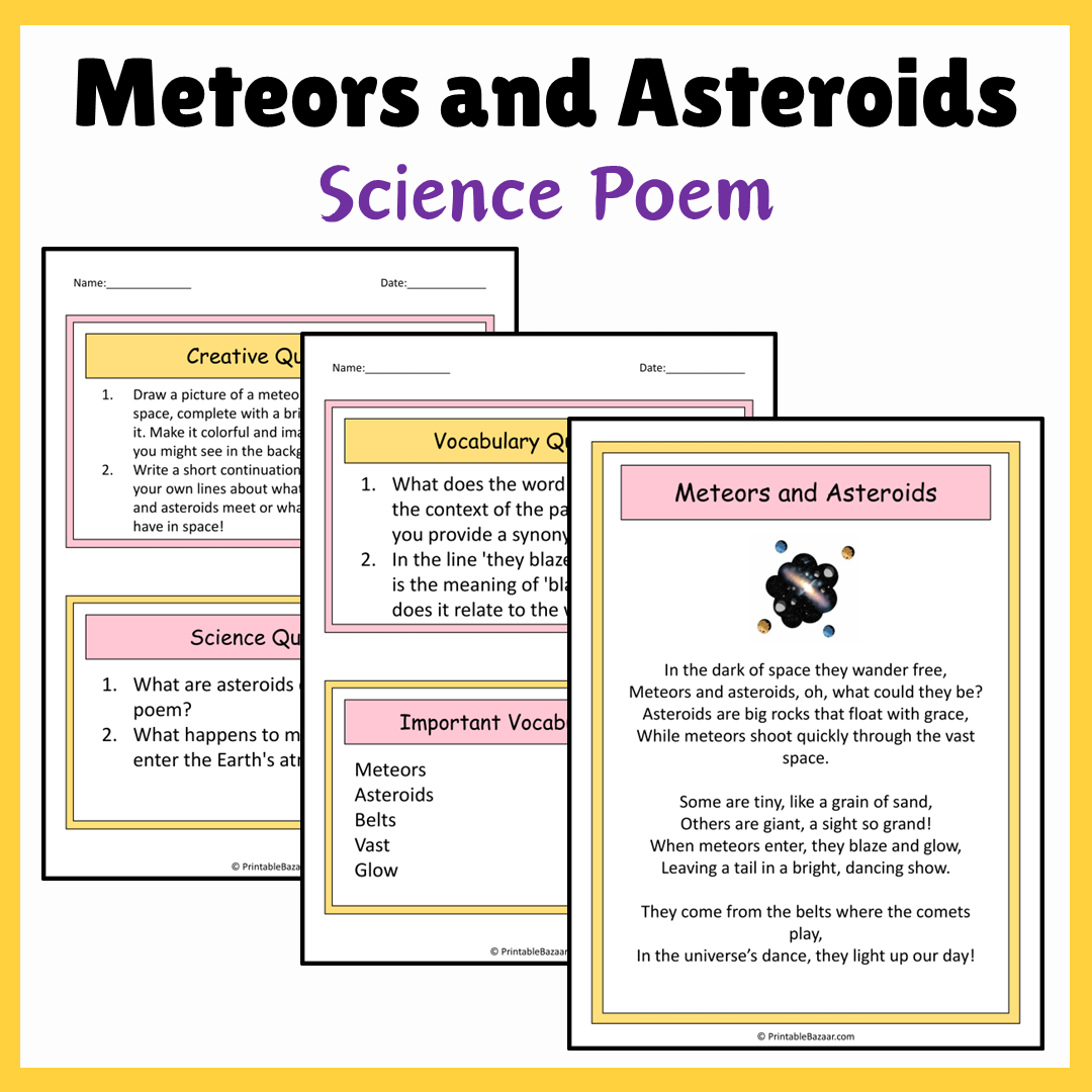 Meteors and Asteroids | Science Poem Reading Comprehension Activity