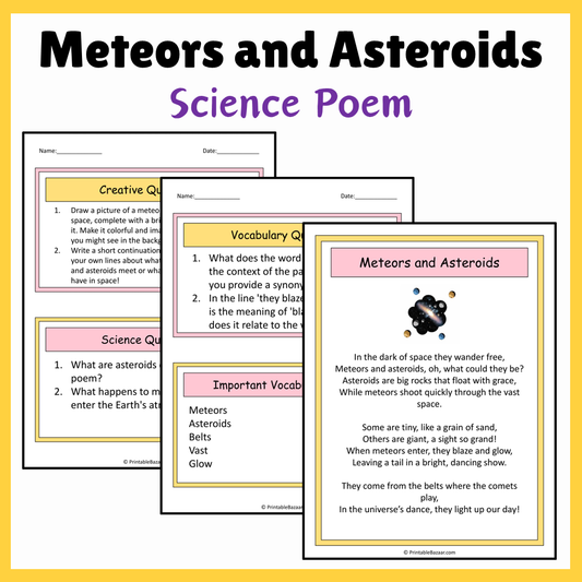 Meteors and Asteroids | Science Poem Reading Comprehension Activity