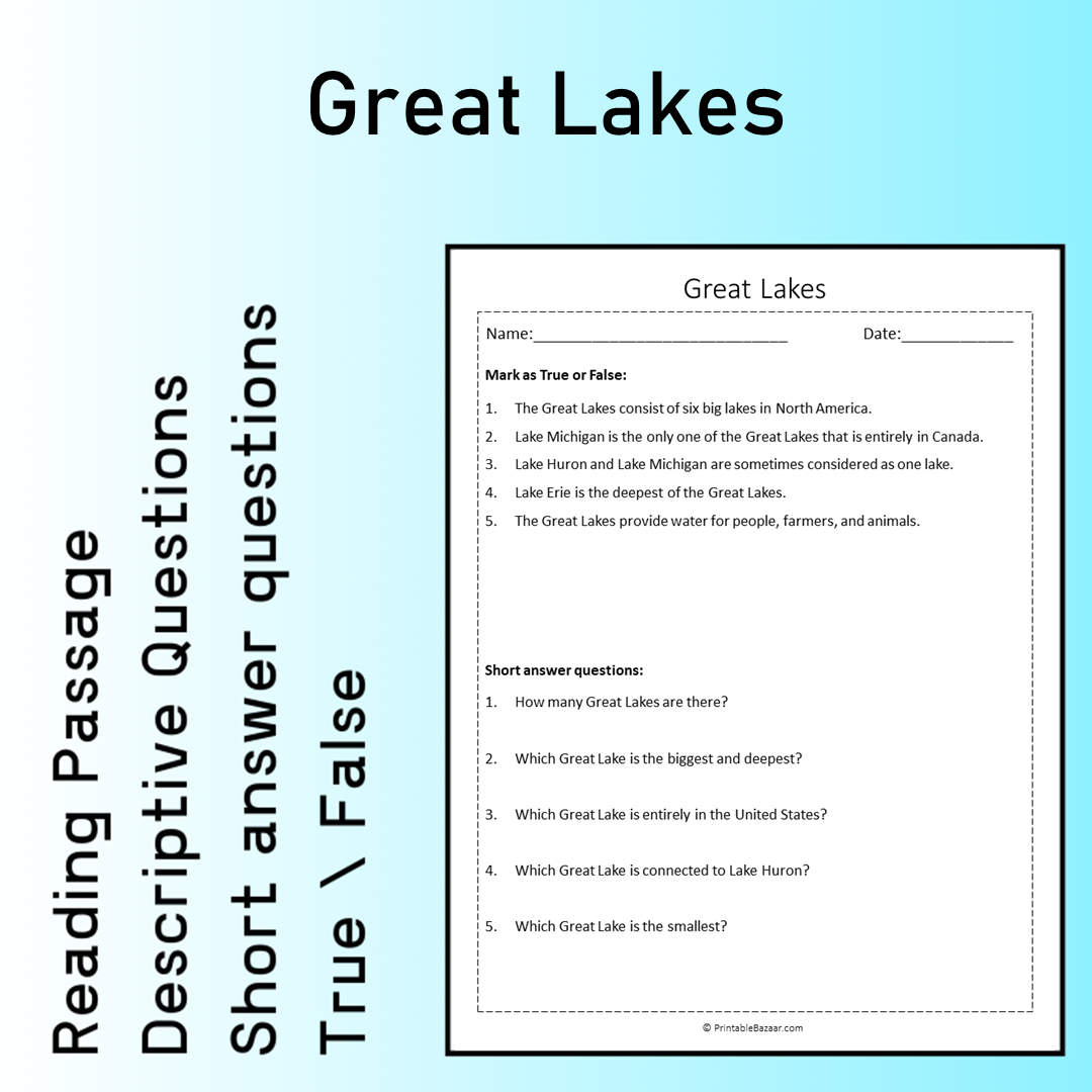 Great Lakes | Reading Comprehension Passage Printable Worksheet