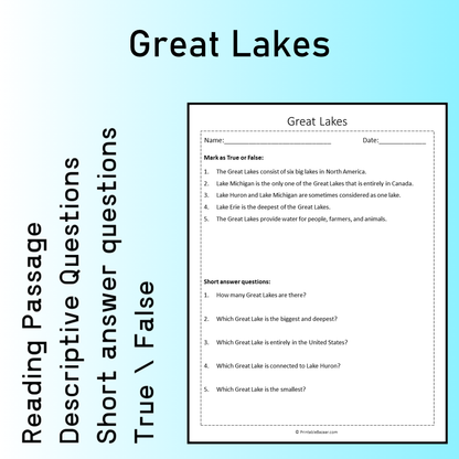 Great Lakes | Reading Comprehension Passage Printable Worksheet
