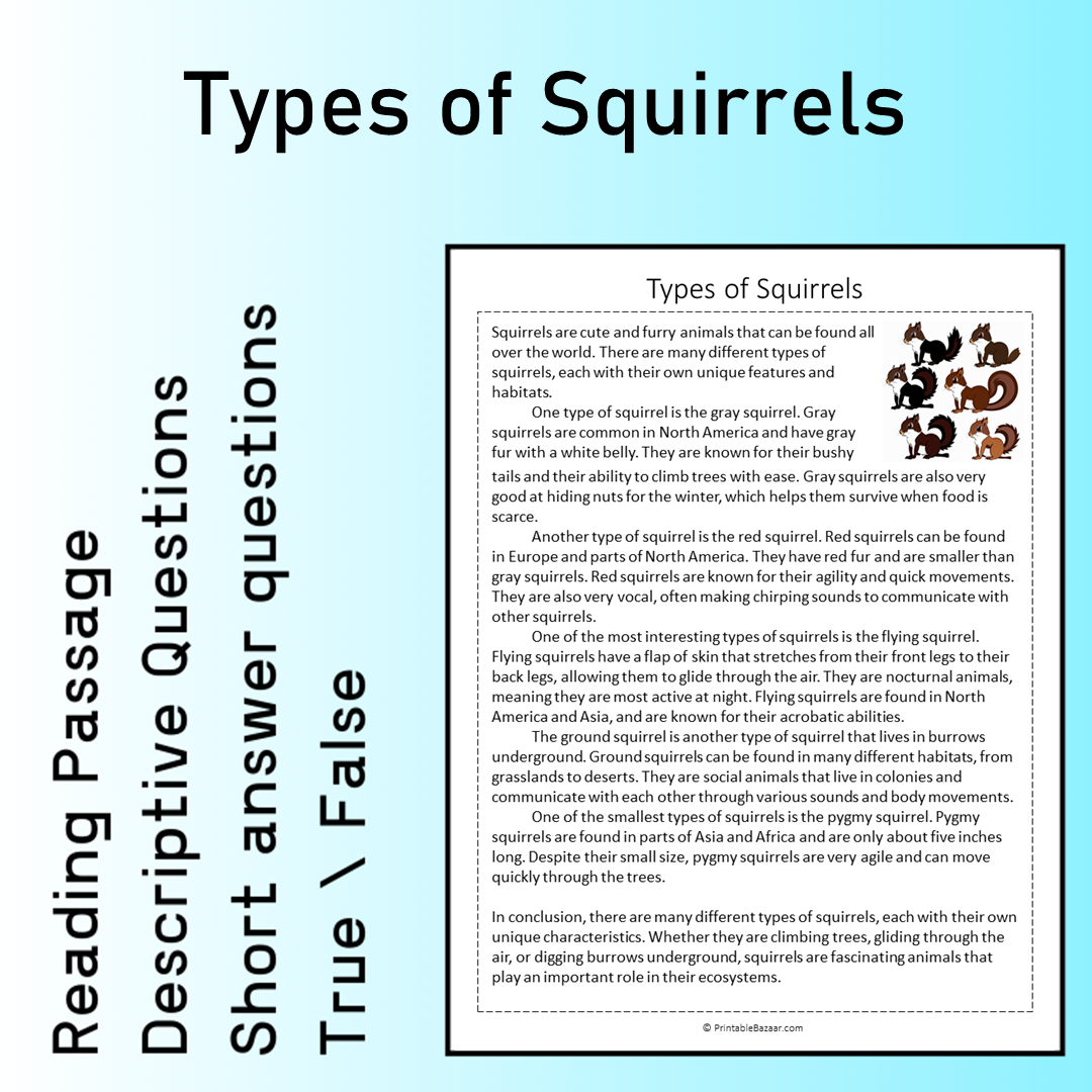 Types of Squirrels | Reading Comprehension Passage Printable Worksheet