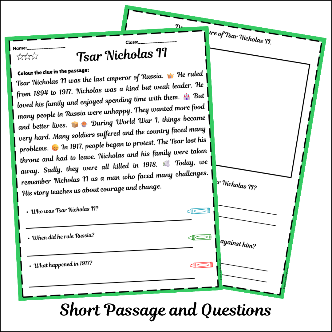 Tsar Nicholas II | Short Reading Comprehension Creative Worksheet