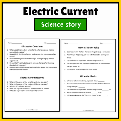Electric Current | Science Story Reading Comprehension Activity