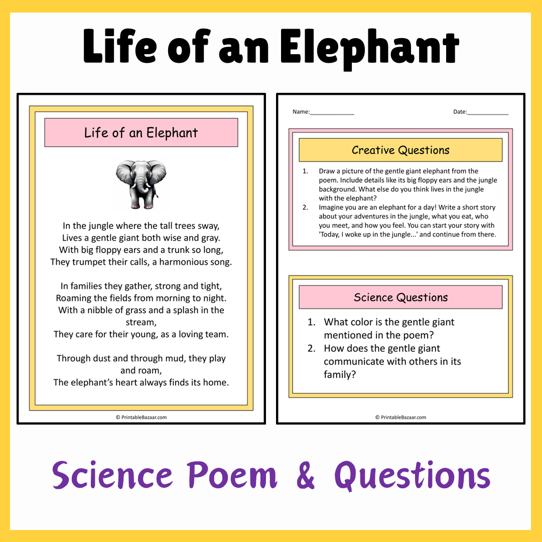 Life of an Elephant | Science Poem Reading Comprehension Activity