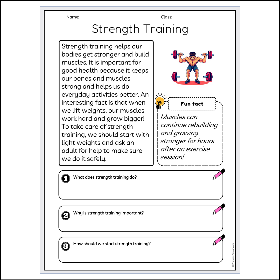 Strength Training | Reading Passage Comprehension Questions Writing Facts Worksheet