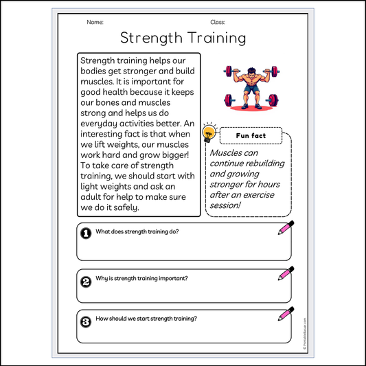 Strength Training | Reading Passage Comprehension Questions Writing Facts Worksheet