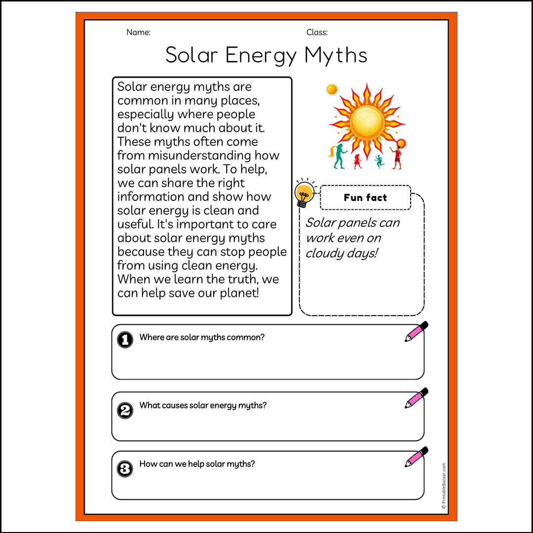 Solar Energy Myths | Reading Passage Comprehension Questions Writing Facts Worksheet