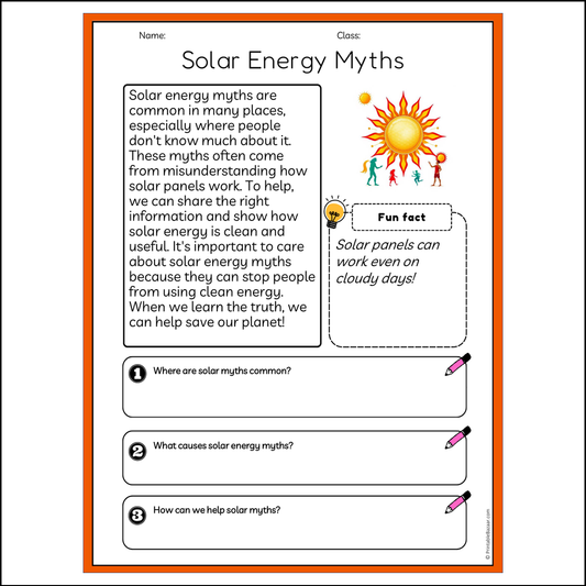 Solar Energy Myths | Reading Passage Comprehension Questions Writing Facts Worksheet