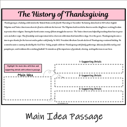 The History of Thanksgiving | Main Idea and Supporting Details Reading Passage and Questions