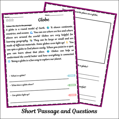 Globe | Short Reading Comprehension Creative Worksheet