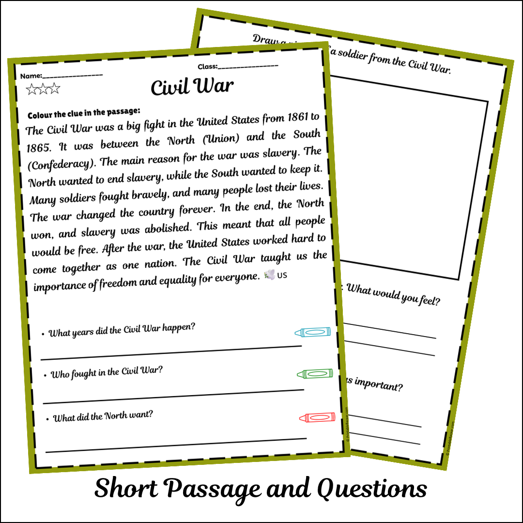 Civil War | Short Reading Comprehension Creative Worksheet