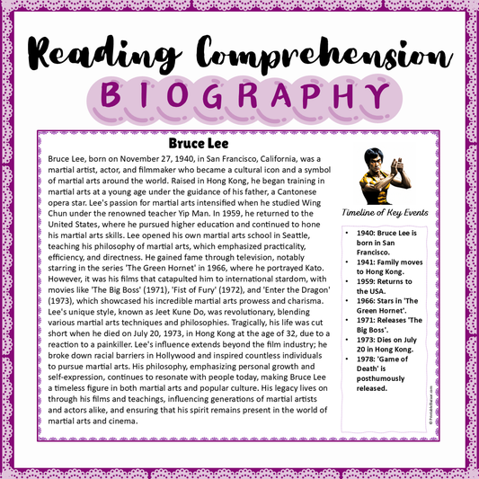 Bruce Lee | Biography Reading Comprehension and Questions Worksheet