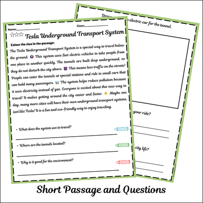 Tesla Underground Transport System | Short Reading Comprehension Creative Worksheet