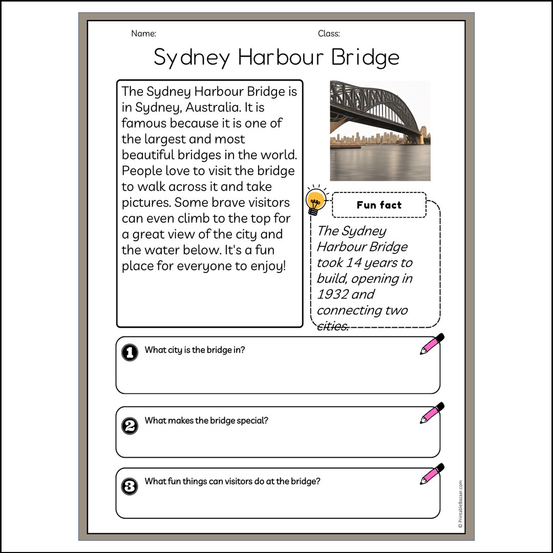 Sydney Harbour Bridge | Reading Passage Comprehension Questions Writing Facts Worksheet