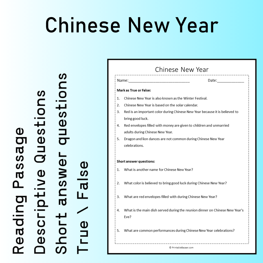 Chinese New Year | Reading Comprehension Passage Printable Worksheet