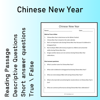 Chinese New Year | Reading Comprehension Passage Printable Worksheet