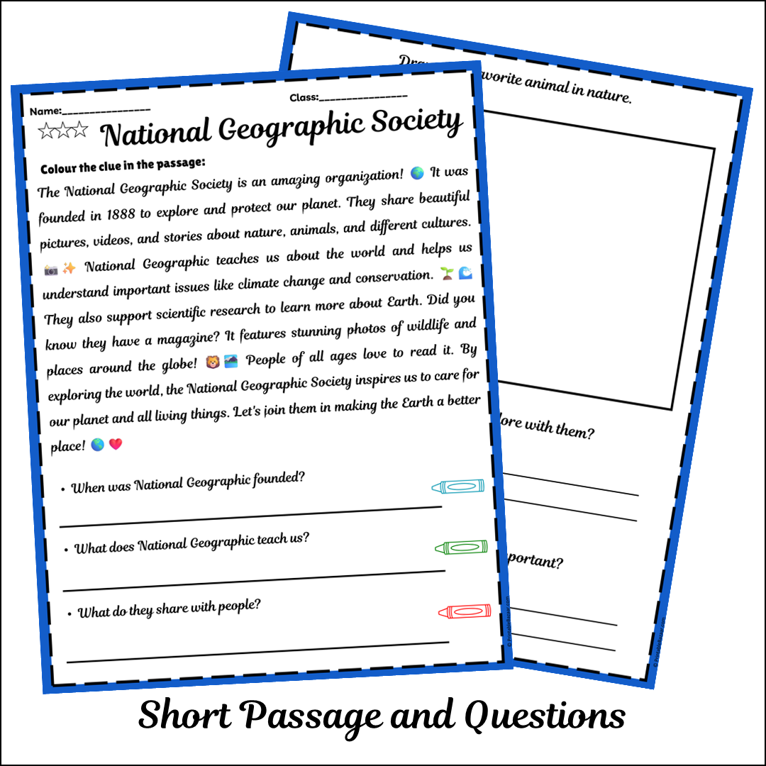 National Geographic Society | Short Reading Comprehension Creative Worksheet