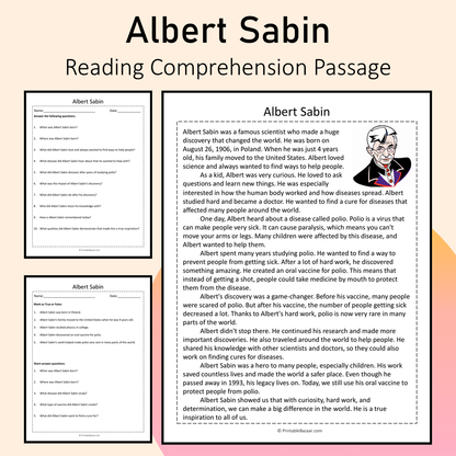 Albert Sabin | Reading Comprehension Passage Printable Activity